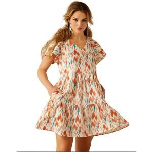 ARIAT Delilah Linen Blend SS Tiered Dress SMALL Western Southwestern Boho Summer